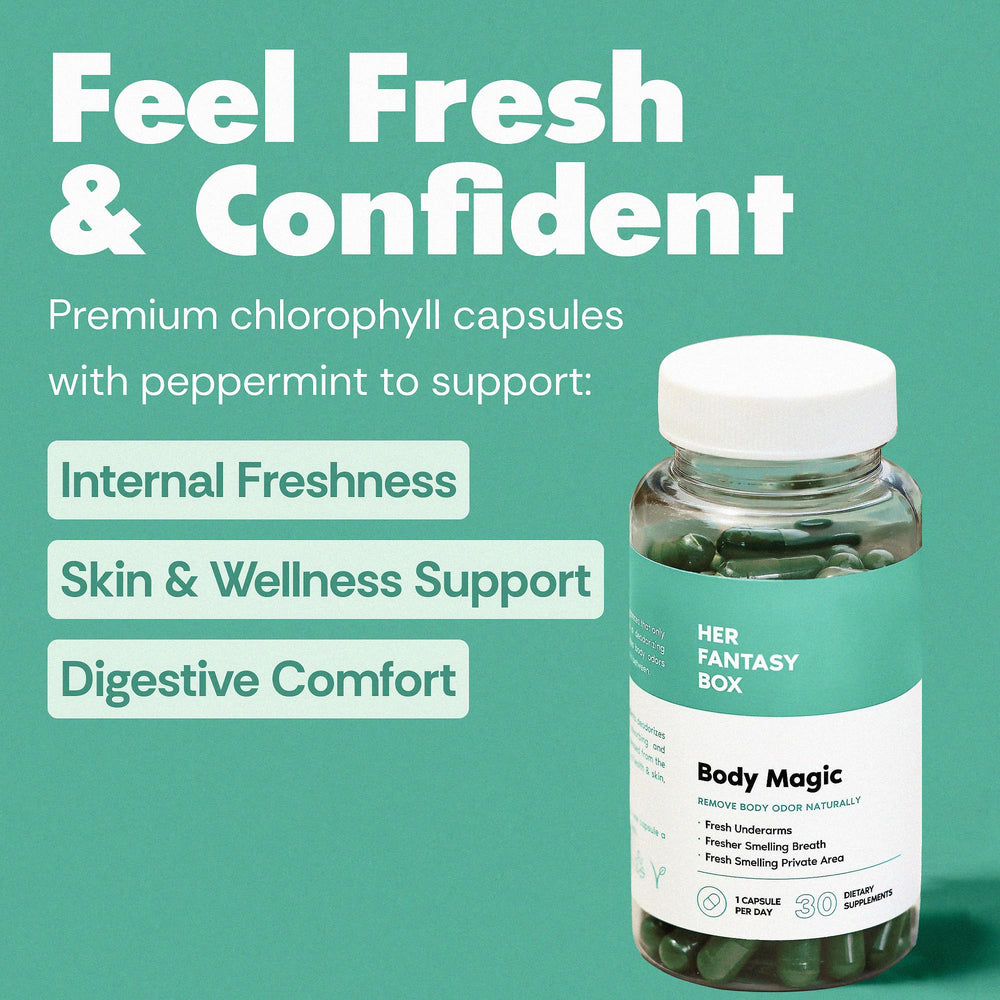 Her Fantasy Box Body Magic label design, clean plant-based ingredients