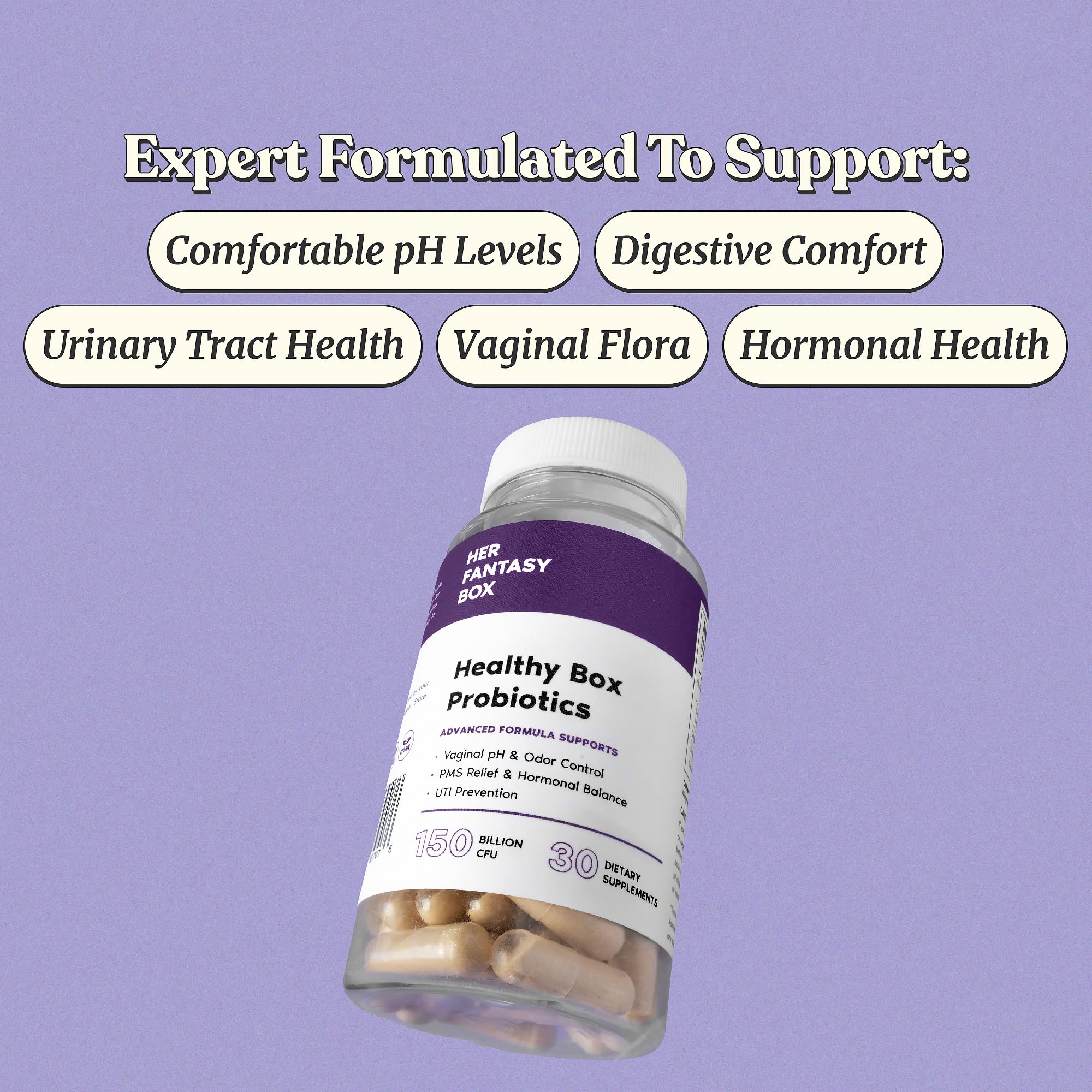 Her Fantasy Box capsules close-up showcases the advanced lactobacillus blend.