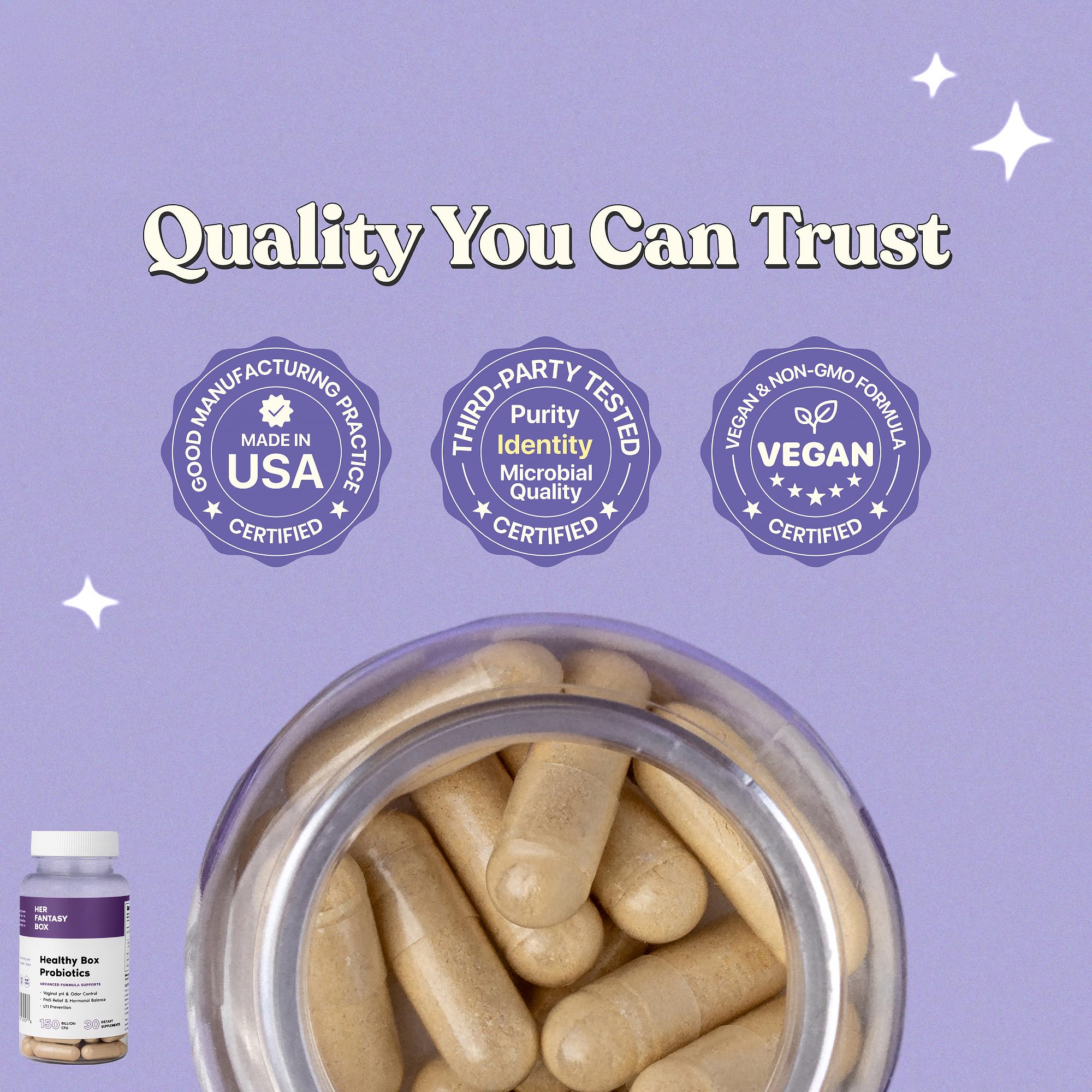 Her Fantasy Box cranberry and D‑Mannose illustration suggests urinary tract-friendly pairing.