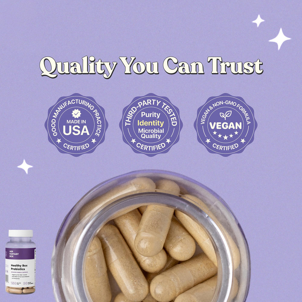 Her Fantasy Box cranberry and D‑Mannose illustration suggests urinary tract-friendly pairing.