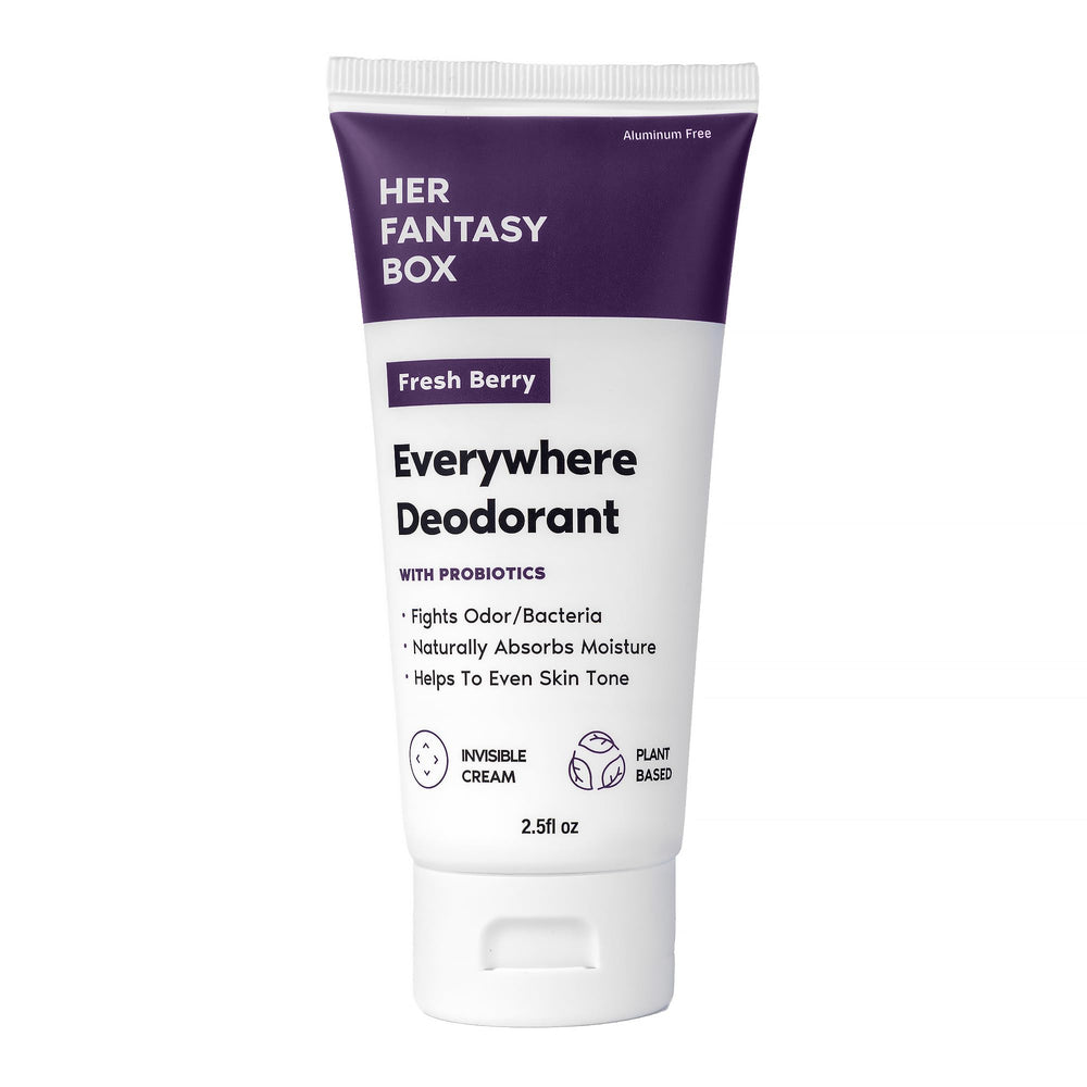 Her Fantasy Box Everywhere Deodorant bottle pour shows quick, mess-free application and freshness.