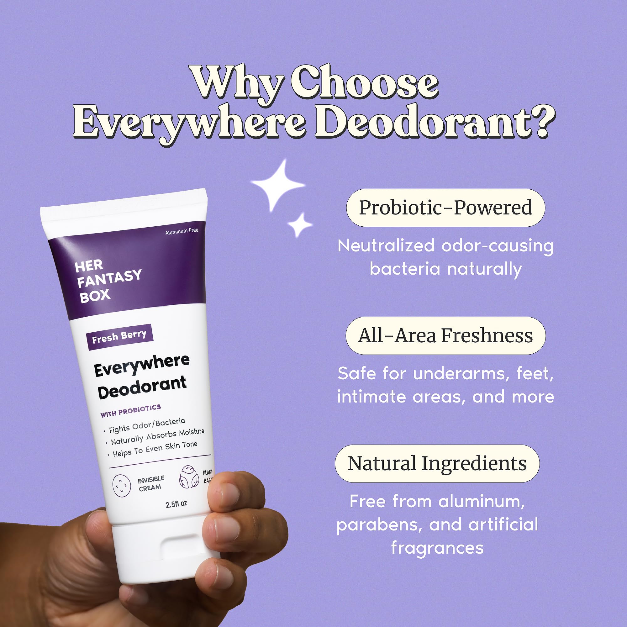 Her Fantasy Box Everywhere Deodorant moisture-absorption graphic hints at dryness control without harsh chemicals.