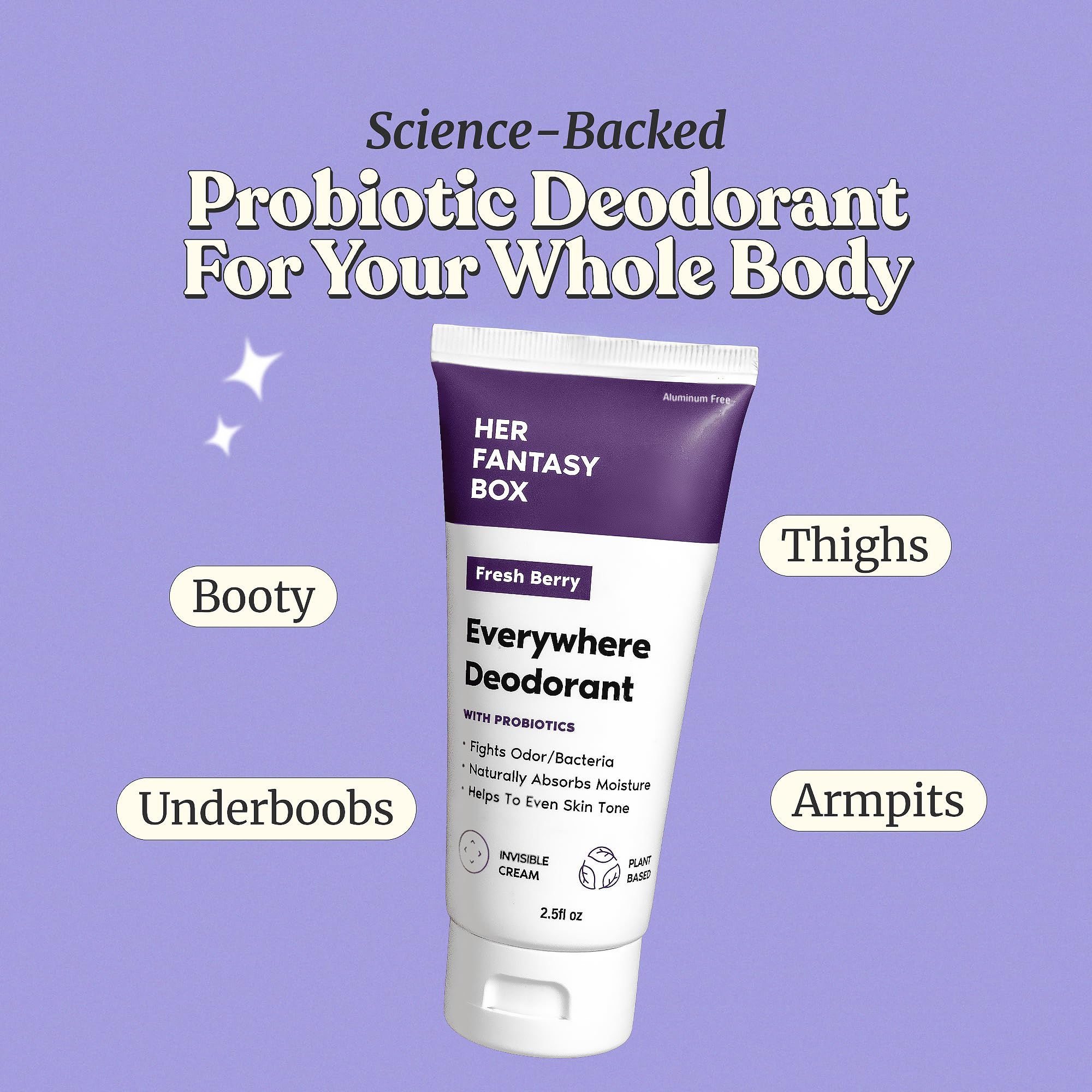 Her Fantasy Box Everywhere Deodorant packaging label showcases brand, ingredients, and clean cosmetic appeal.