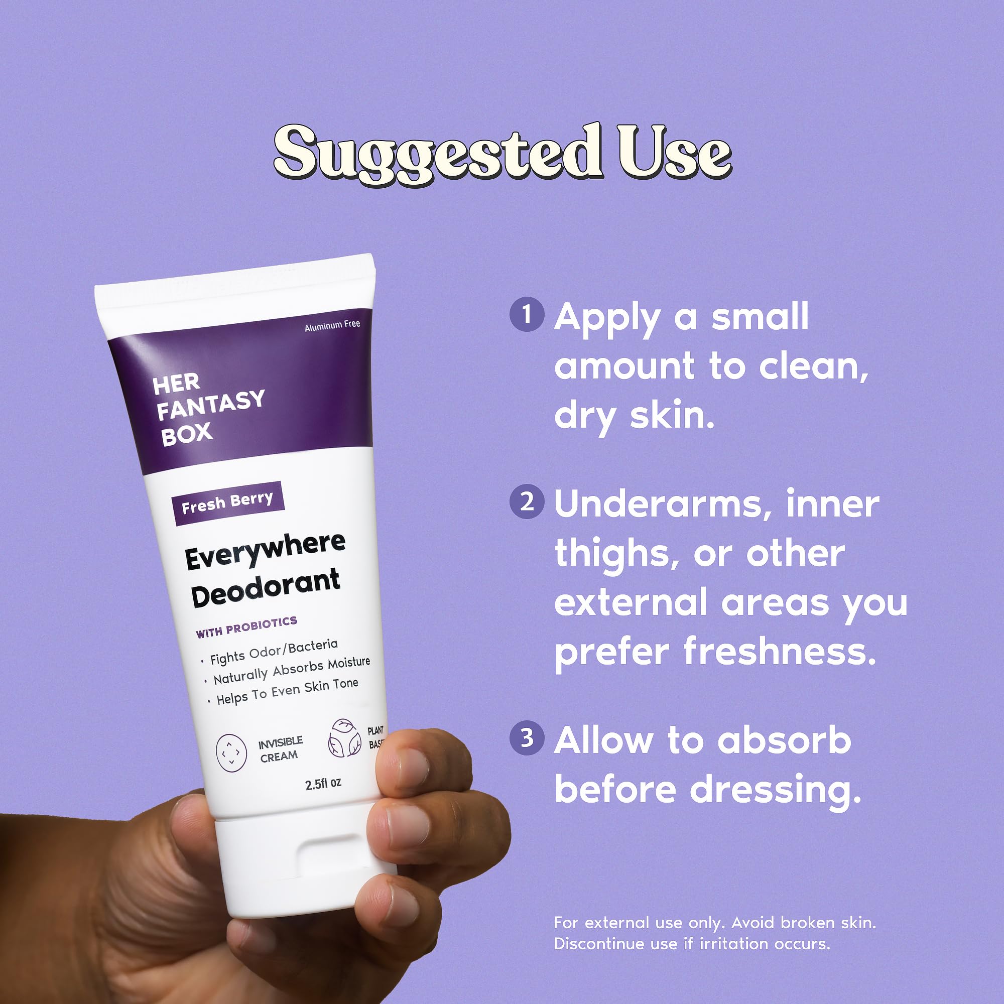 Her Fantasy Box Everywhere Deodorant probiotic visual communicates skin-friendly benefits and balancing potential.