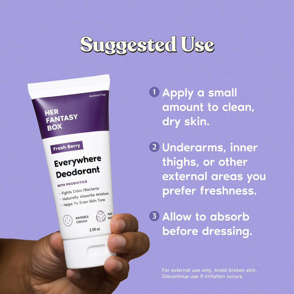 Her Fantasy Box Everywhere Deodorant probiotic visual communicates skin-friendly benefits and balancing potential.