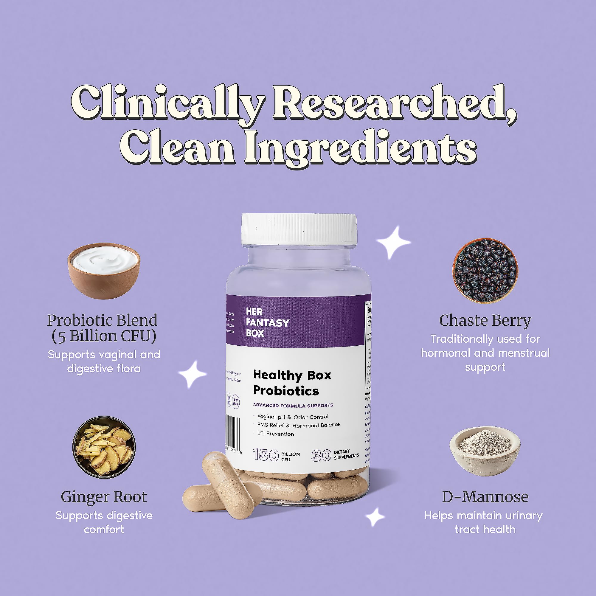 Her Fantasy Box label detail emphasizes vegan, gluten-free, non-GMO formula.