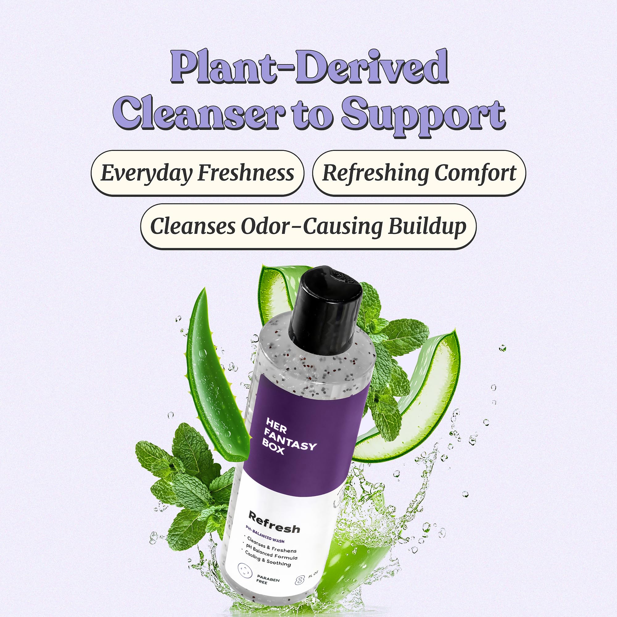Her Fantasy Box Refresh bottle closeup highlights clean packaging and skin-friendly ingredients.