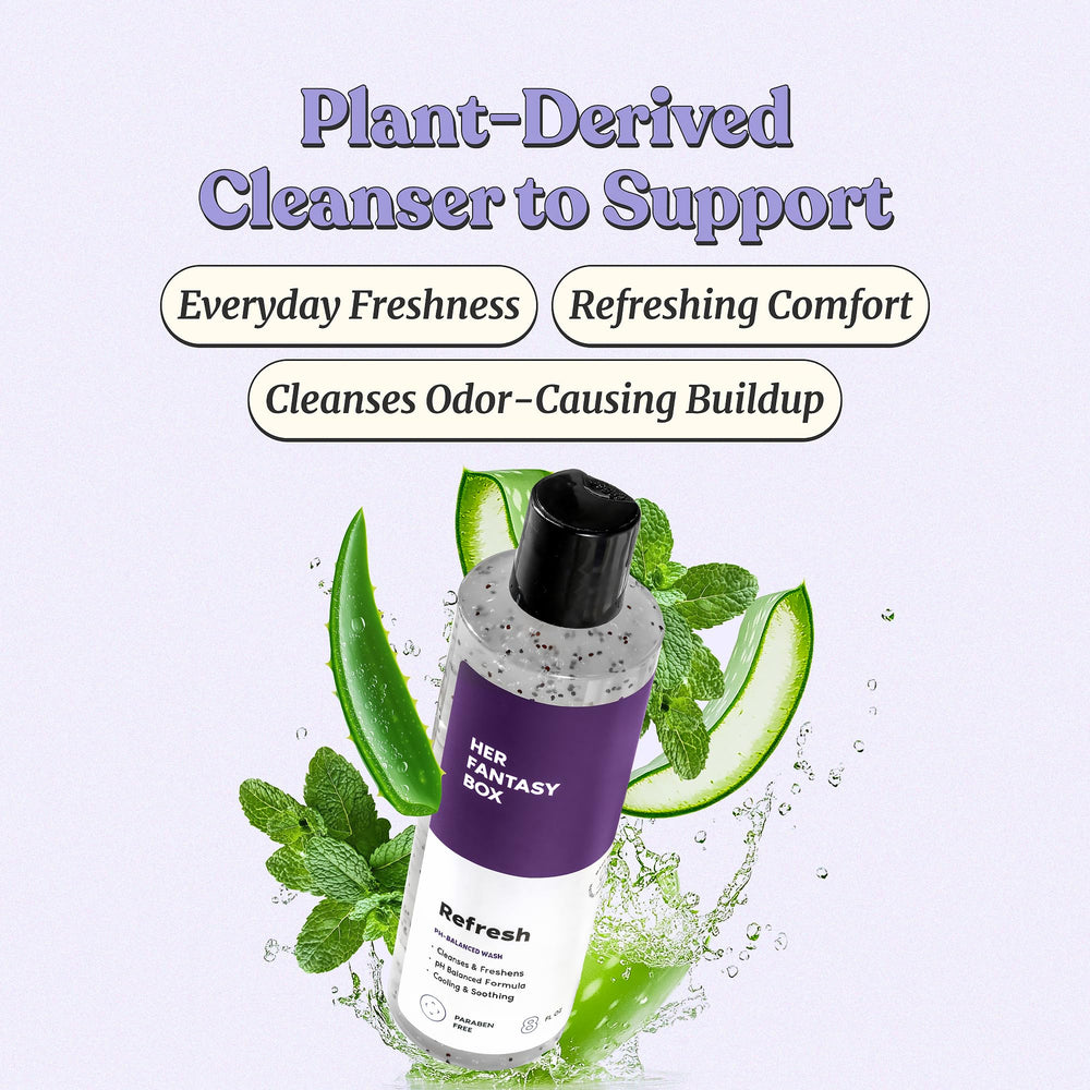 Her Fantasy Box Refresh bottle closeup highlights clean packaging and skin-friendly ingredients.