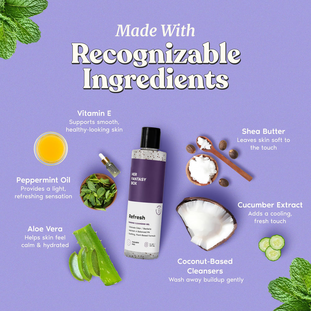 Her Fantasy Box Refresh ingredients bowl featuring aloe, cucumber, and plant-based care.