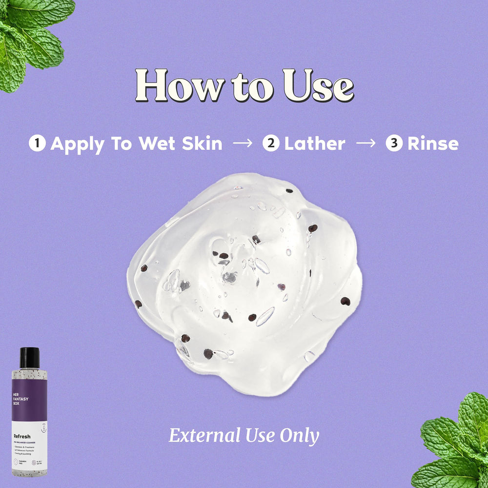 Her Fantasy Box Refresh natural ingredients panel emphasizes a gentle, paraben-free formulation.