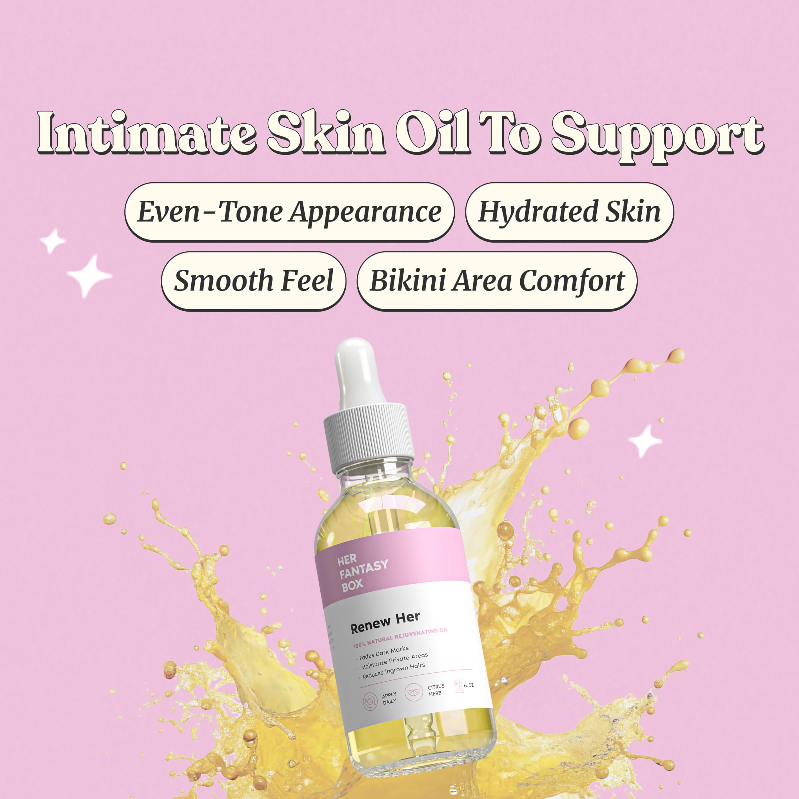 Renew Her bottle close-up highlighting premium natural ingredients for skin nourishment