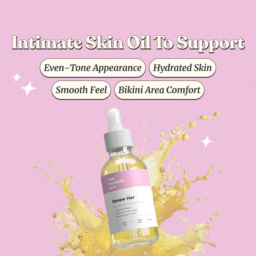 Renew Her bottle close-up highlighting premium natural ingredients for skin nourishment