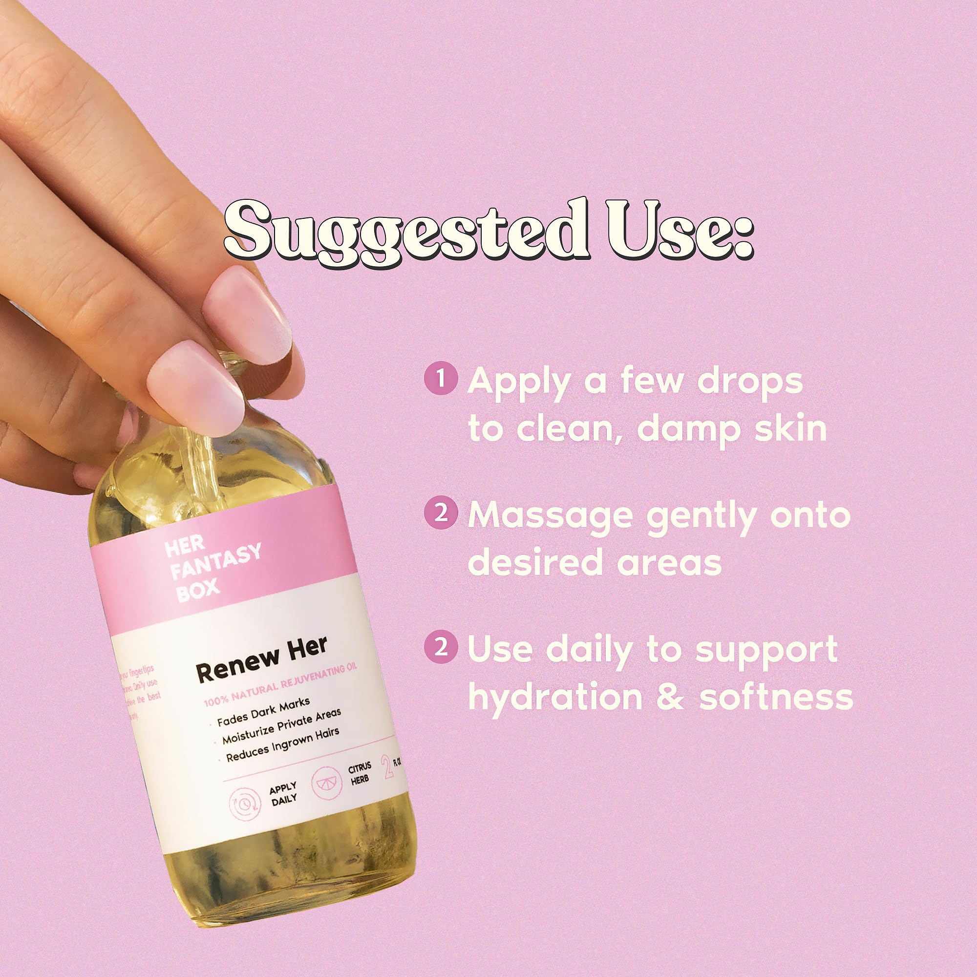 Ingredients blend in Renew Her oil for balanced skin feel