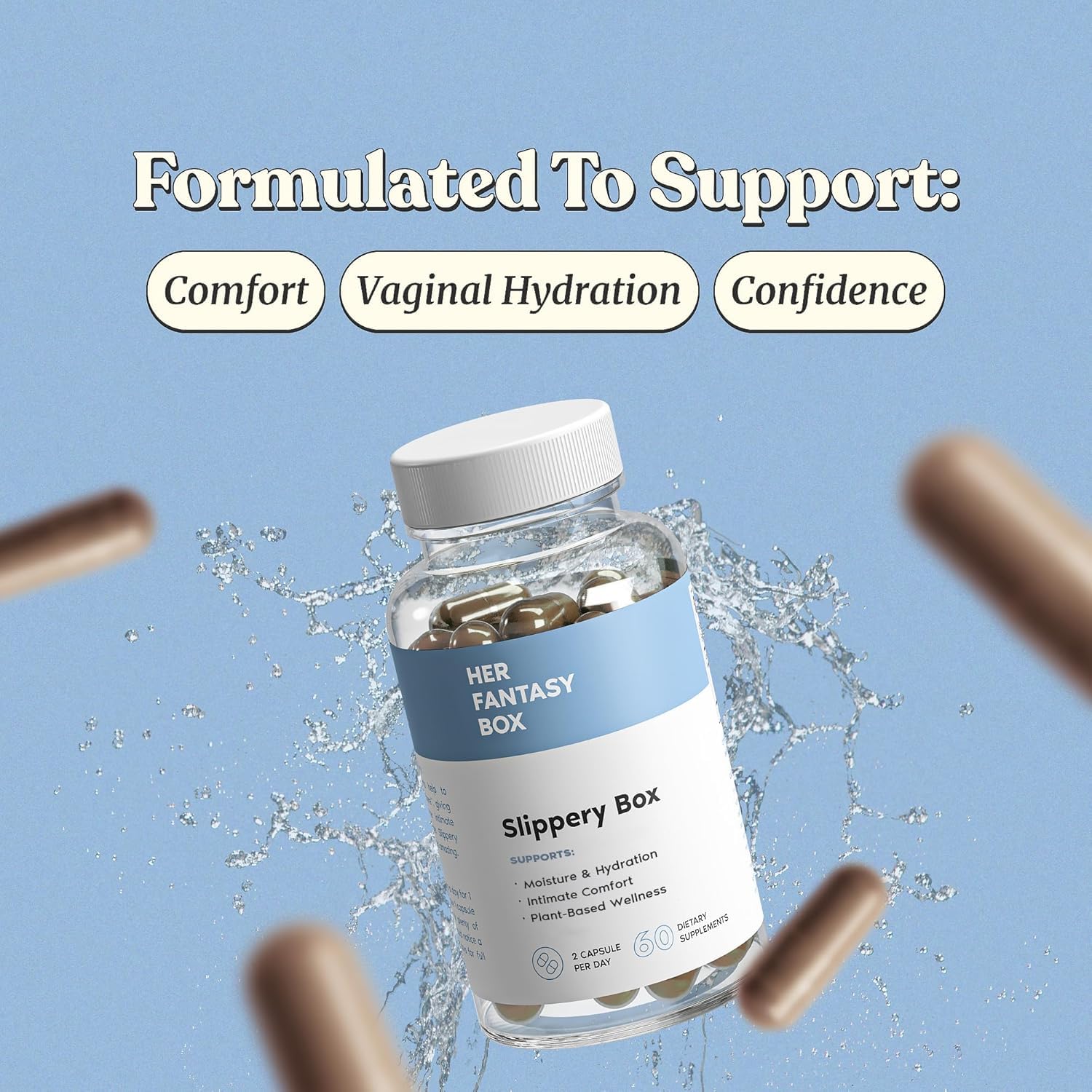 Her Fantasy Box slippery elm capsules close-up, vegan formula.