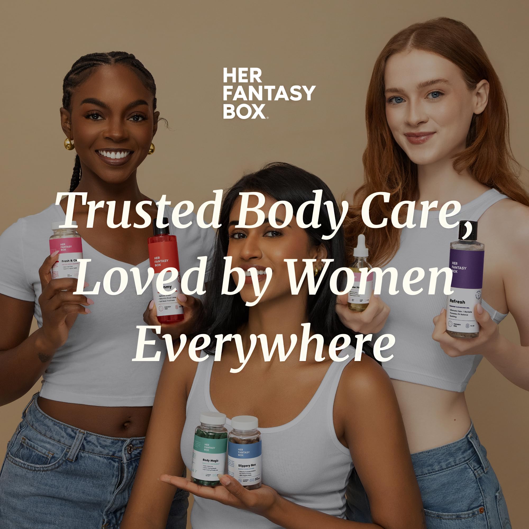 Her Fantasy Box vegan-friendly icon communicates plant-based wellness.