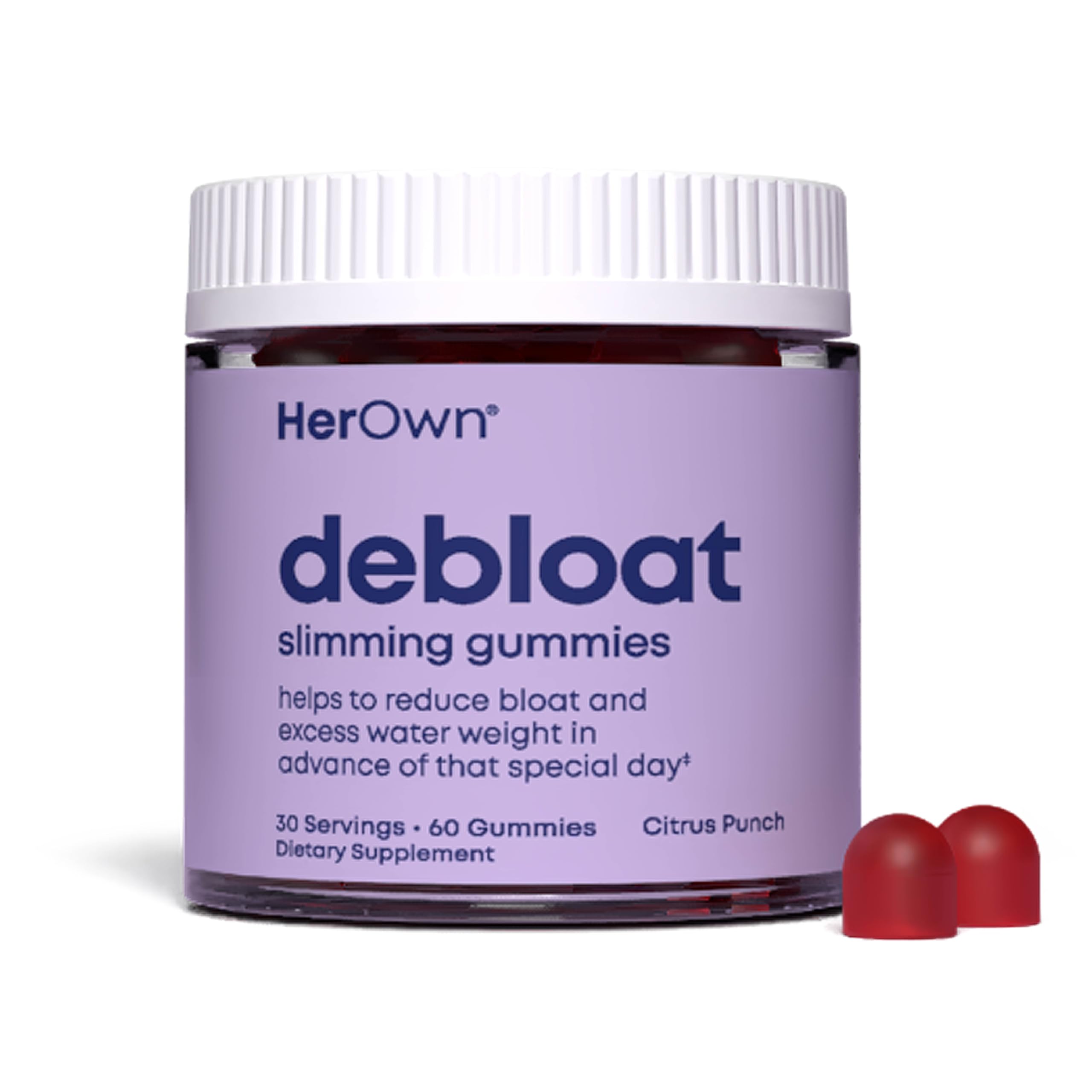 Her Own Debloat Gummies bottle; potential bloating relief after meals.