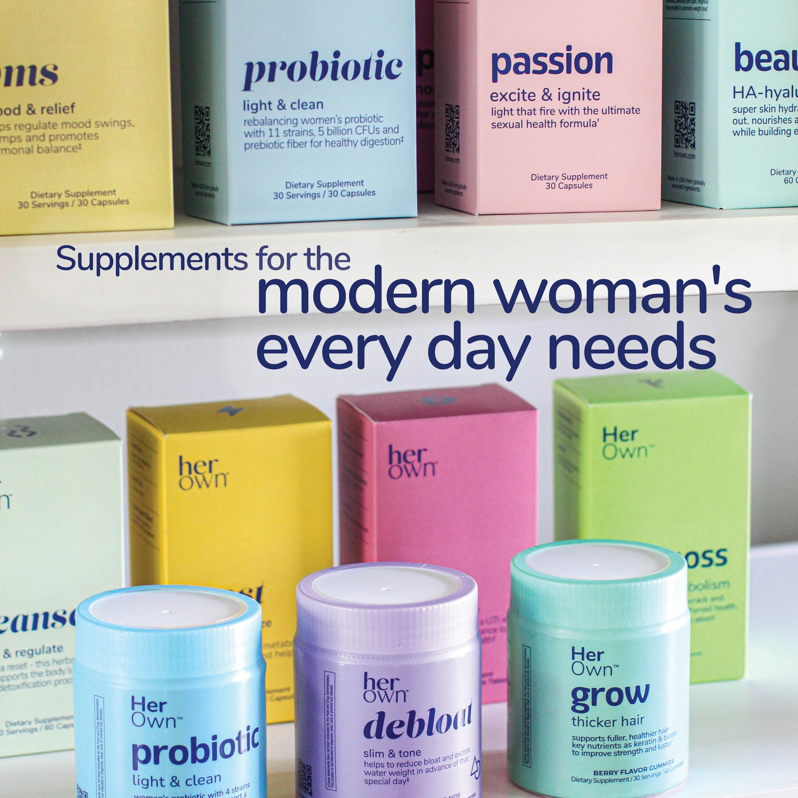 Her Own Debloat Gummies label detail; notes on Vitamin B-6 and magnesium support.
