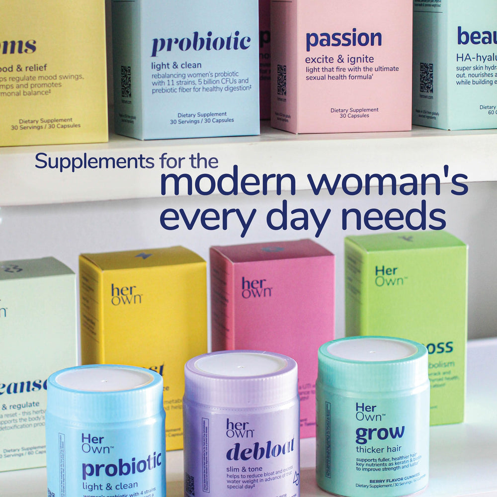 Her Own Debloat Gummies label detail; notes on Vitamin B-6 and magnesium support.