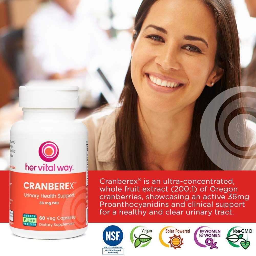 Her Vital Way Cranberex capsules on a clean surface for easy swallowing.