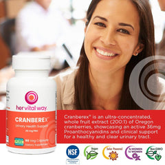 Her Vital Way Cranberex capsules on a clean surface for easy swallowing.
