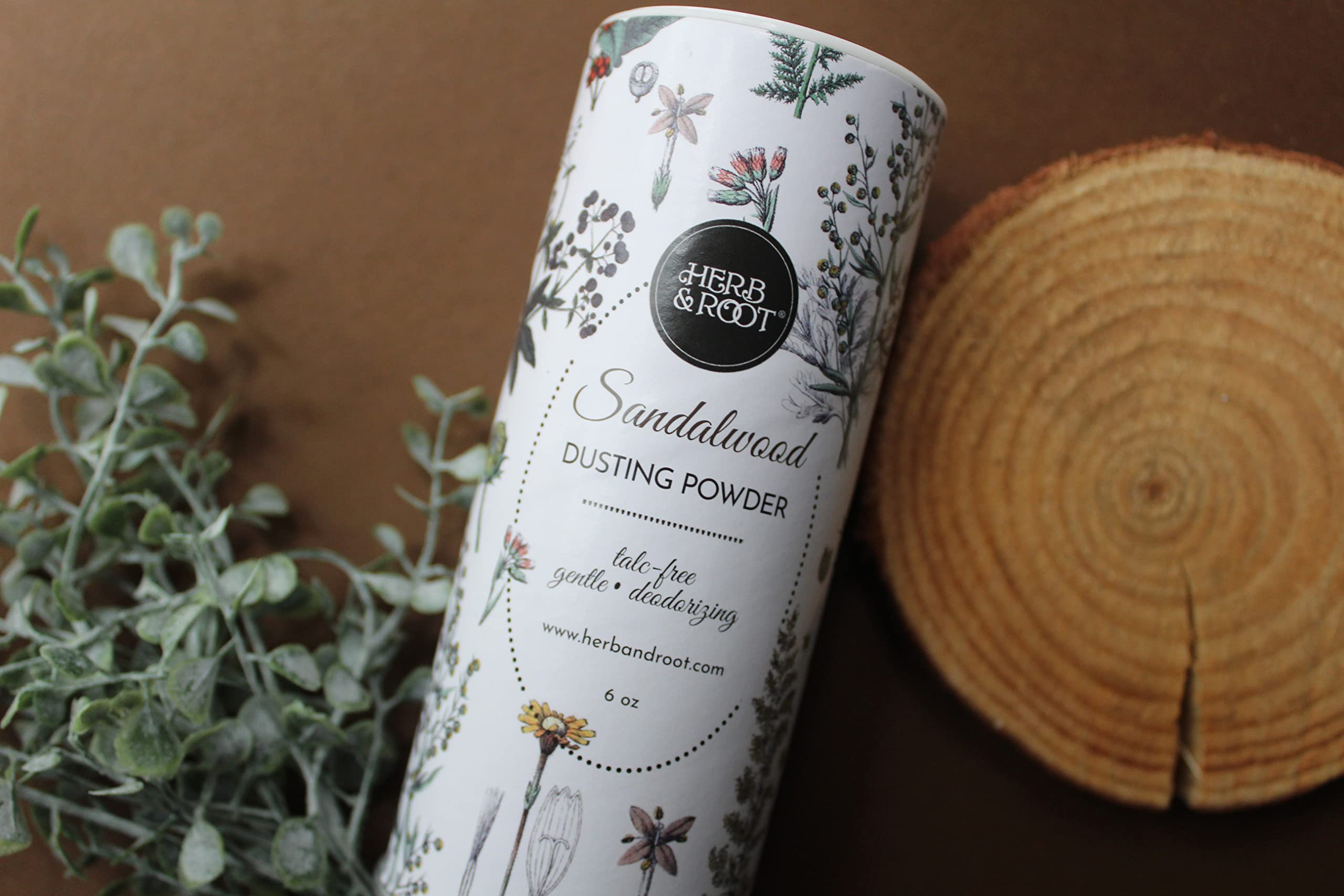 Herb & Root Sandalwood dusting powder anti-chafe image emphasizes soothing oats and comfort.