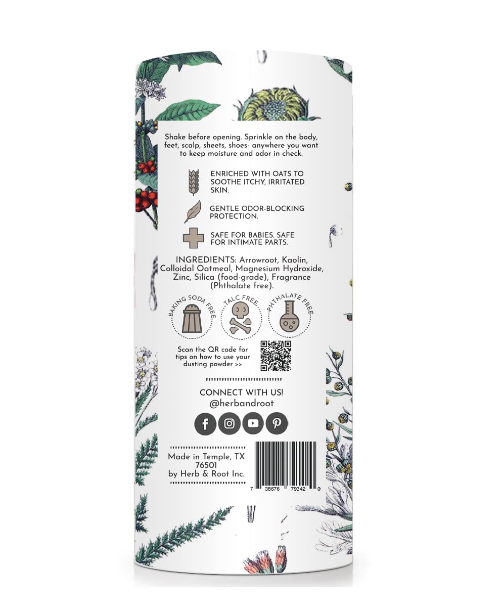 Herb & Root Sandalwood dusting powder packaging close-up showcases clean, talc-free packaging.