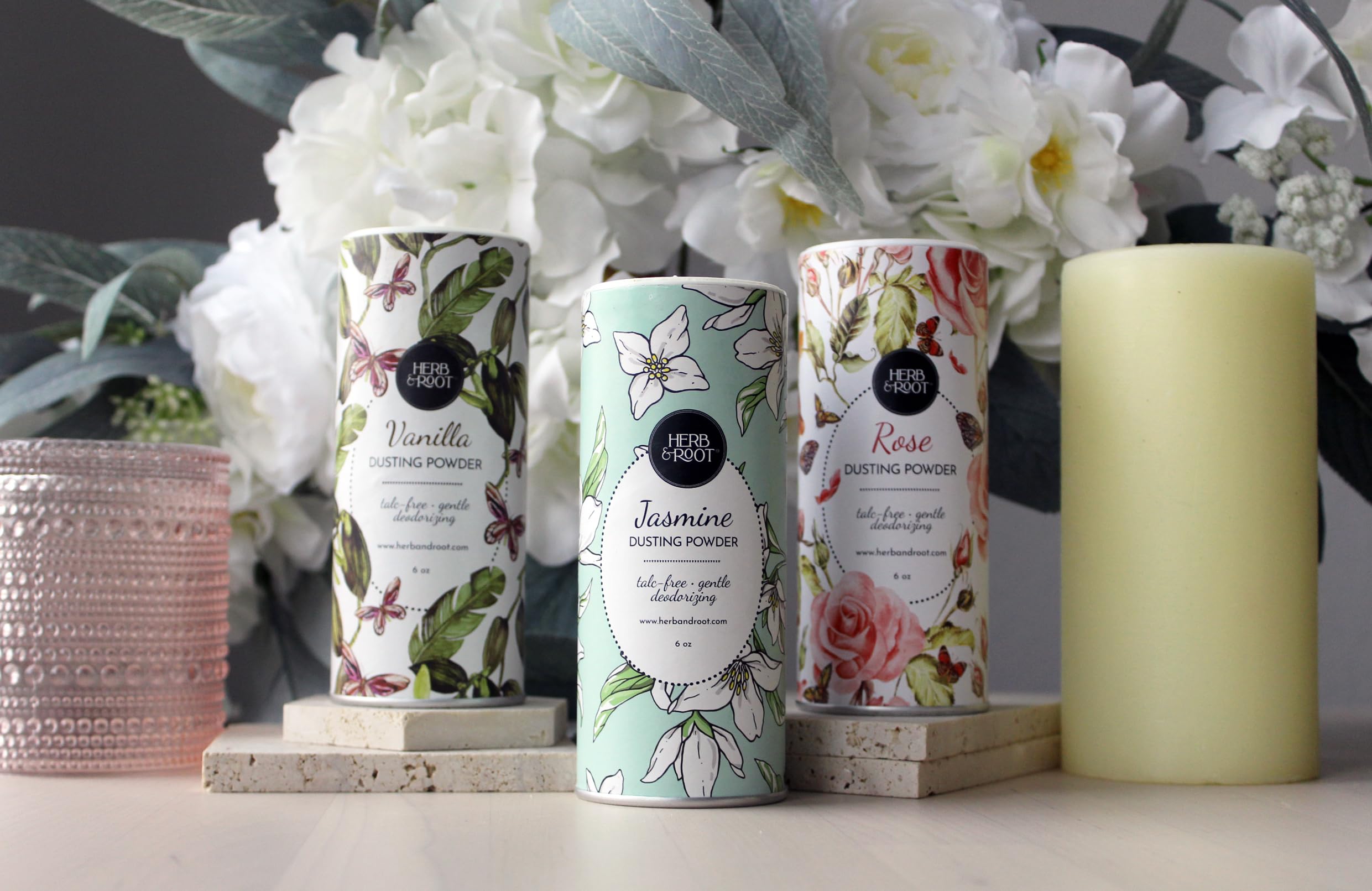 Herb & Root Sandalwood dusting powder scent ambience evokes calming sandalwood aroma.