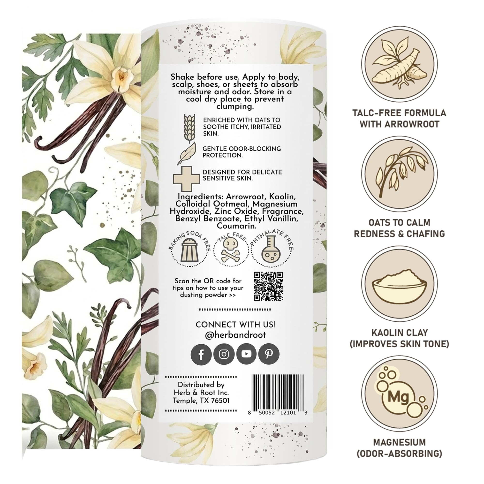 Herb & Root Vanila talc-free body dusting powder with warm vanilla scent.