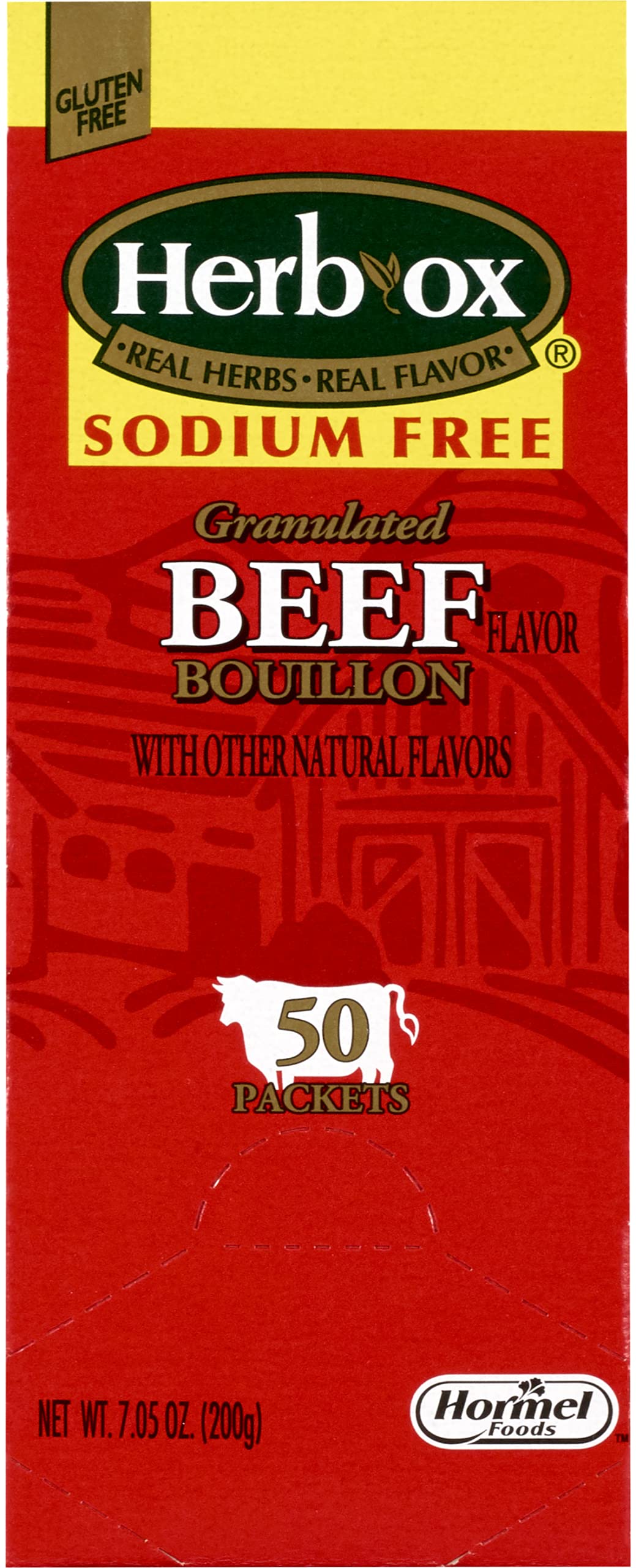 Herb-Ox Sodium Free Bouillon packets on kitchen counter, convenient pantry staple.