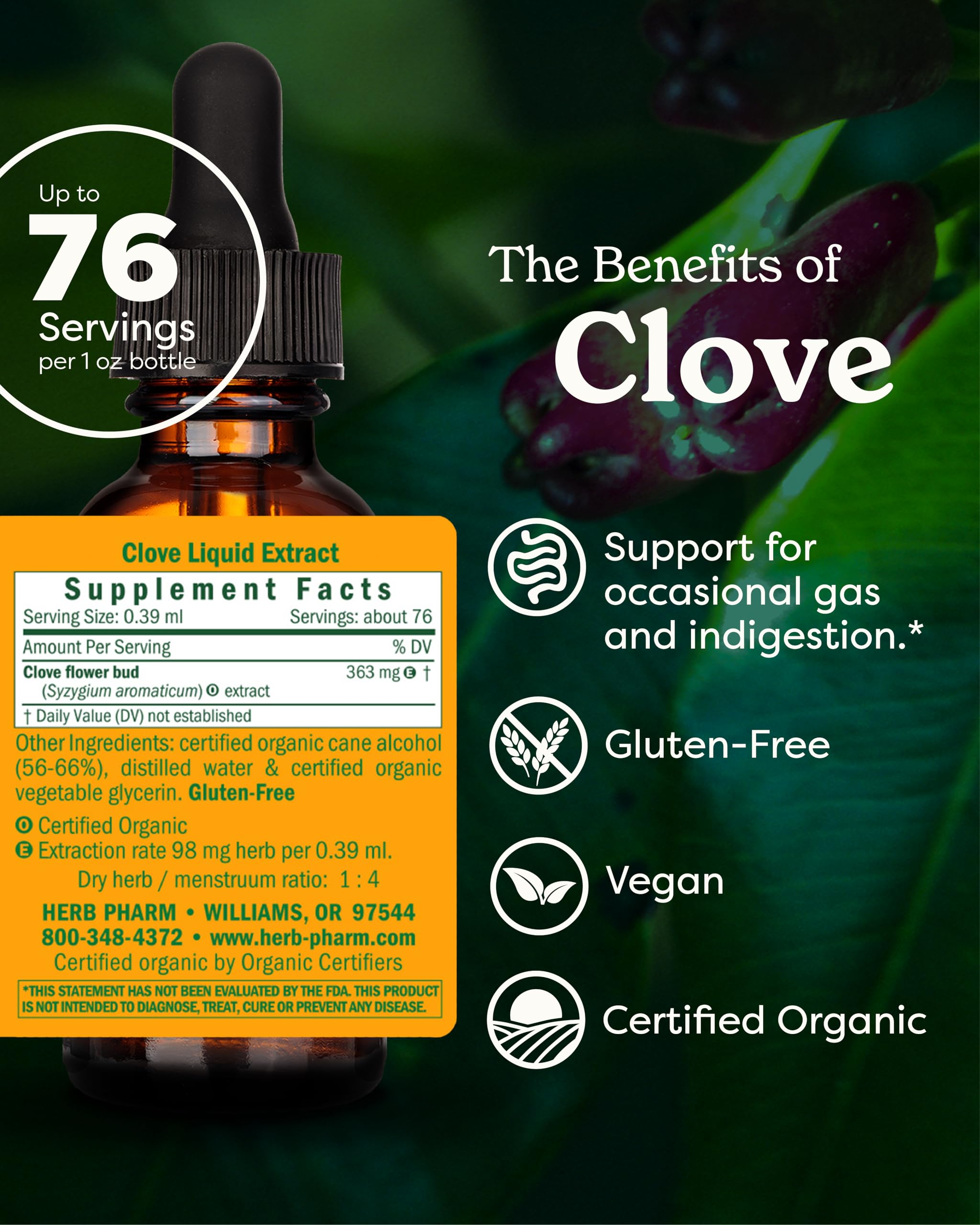 Dropper image demonstrates precise dosing for the clove tincture.
