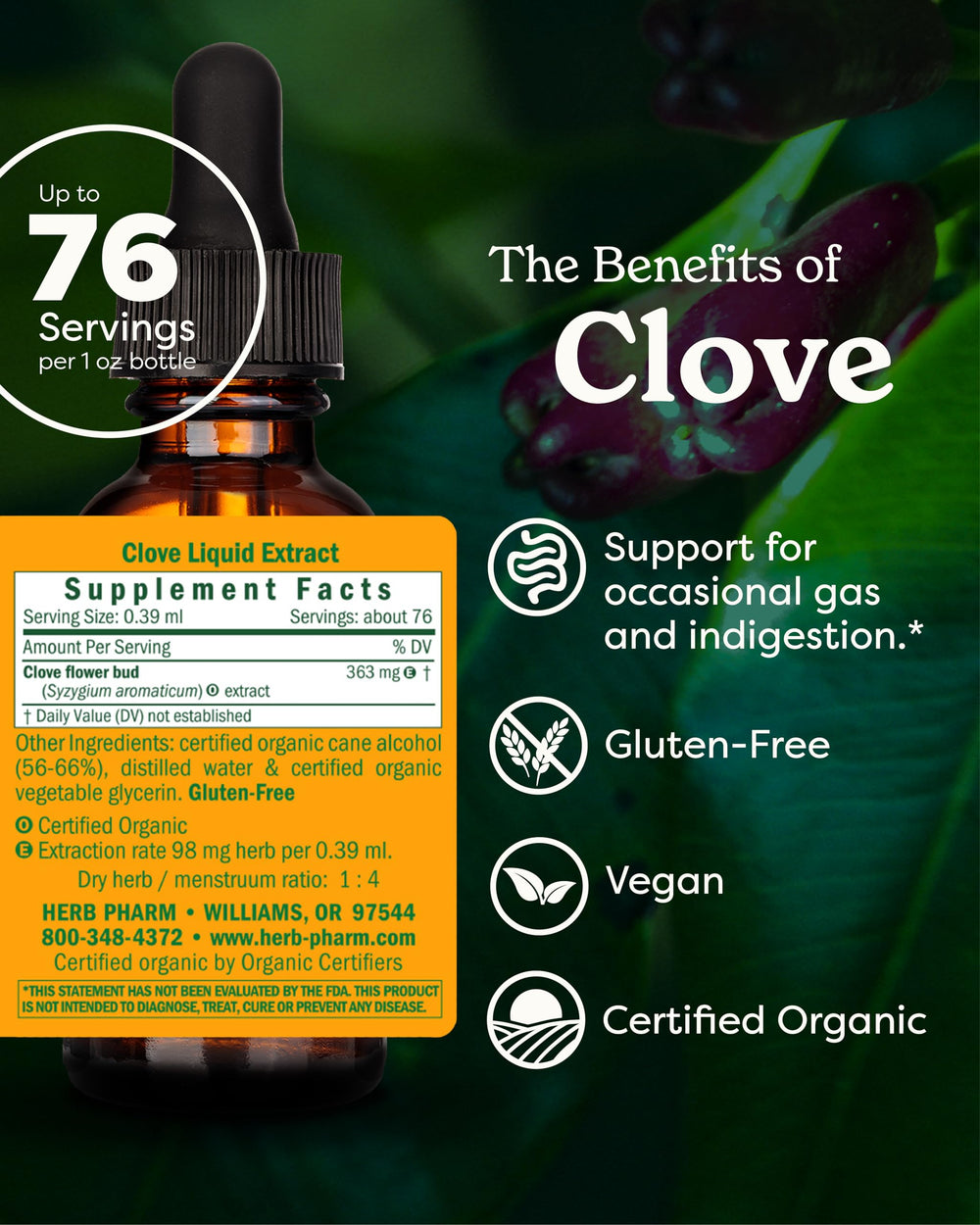 Dropper image demonstrates precise dosing for the clove tincture.