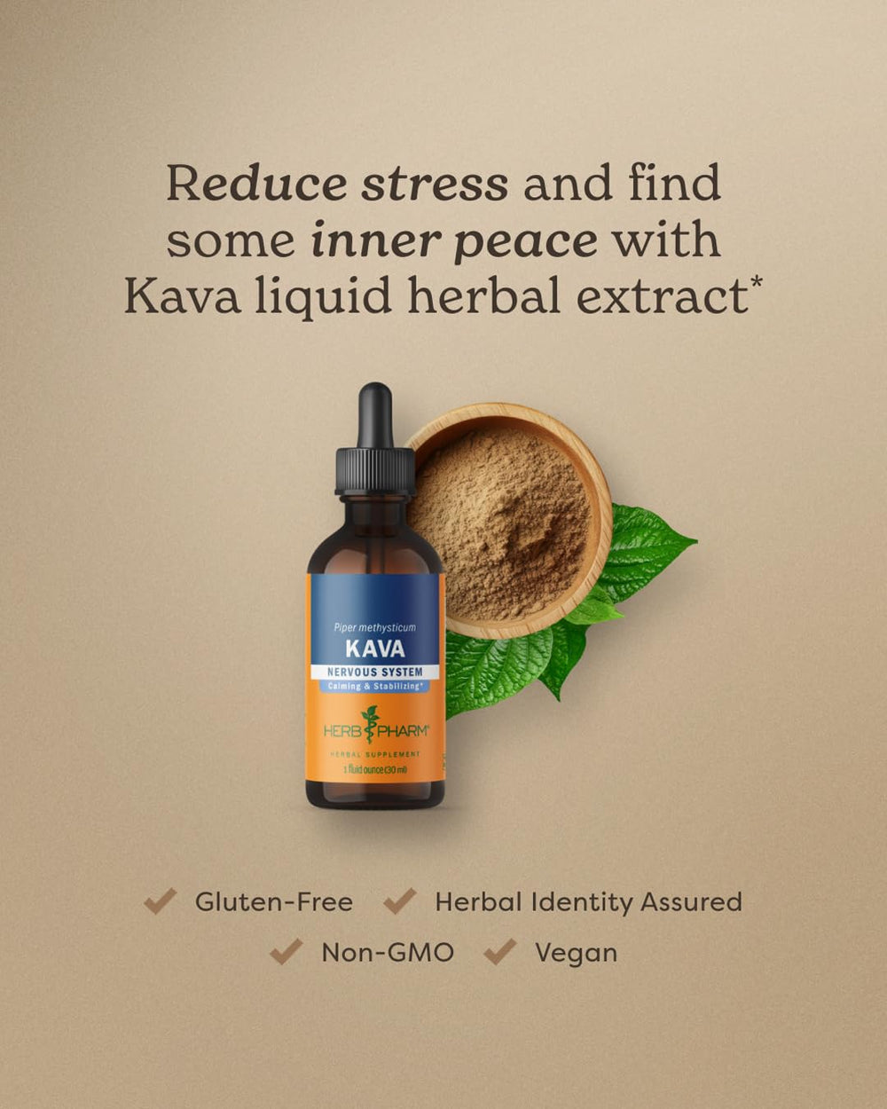 Herb Pharm kava root extract with gluten-free badge and clear usage instructions.