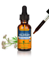 Herb Pharm organic valerian root liquid extract bottle promotes relaxing sleep.
