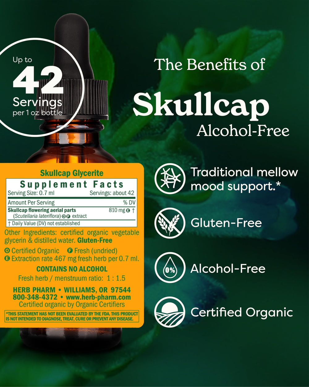 Herb Pharm Skullcap liquid extract bottle back label with organic certification
