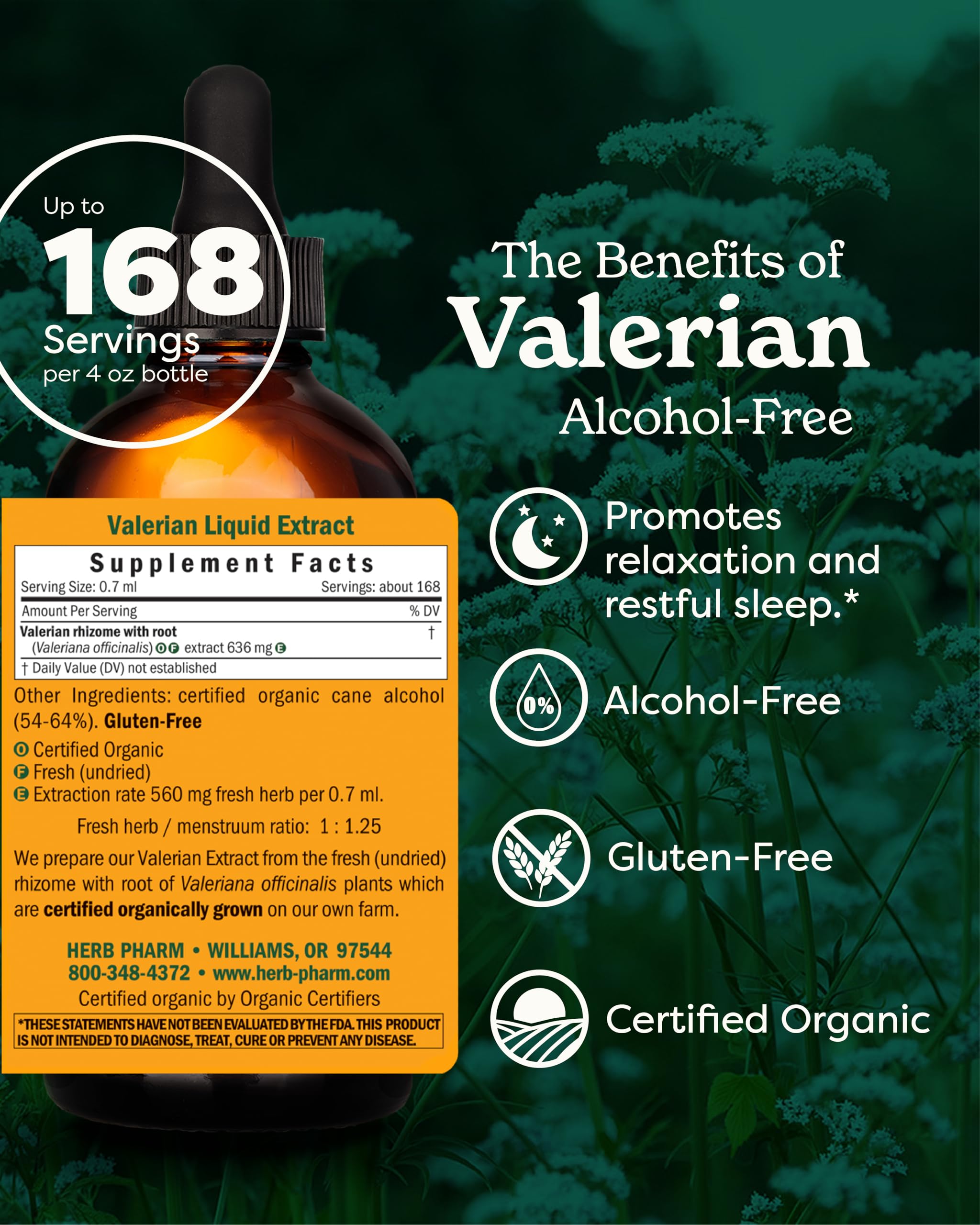 Herb Pharm valerian root liquid extract label highlighting organic certification