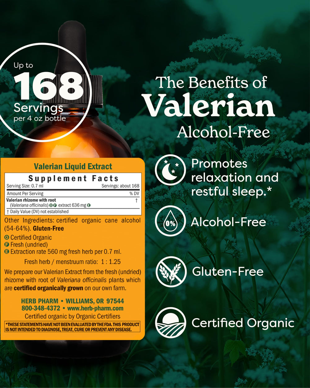Herb Pharm valerian root liquid extract label highlighting organic certification