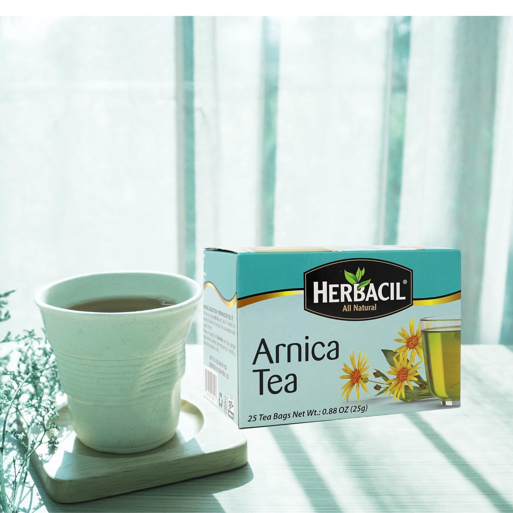 Herbacil Arnica Tea packaging closeup highlights freshness and wrapped bags.