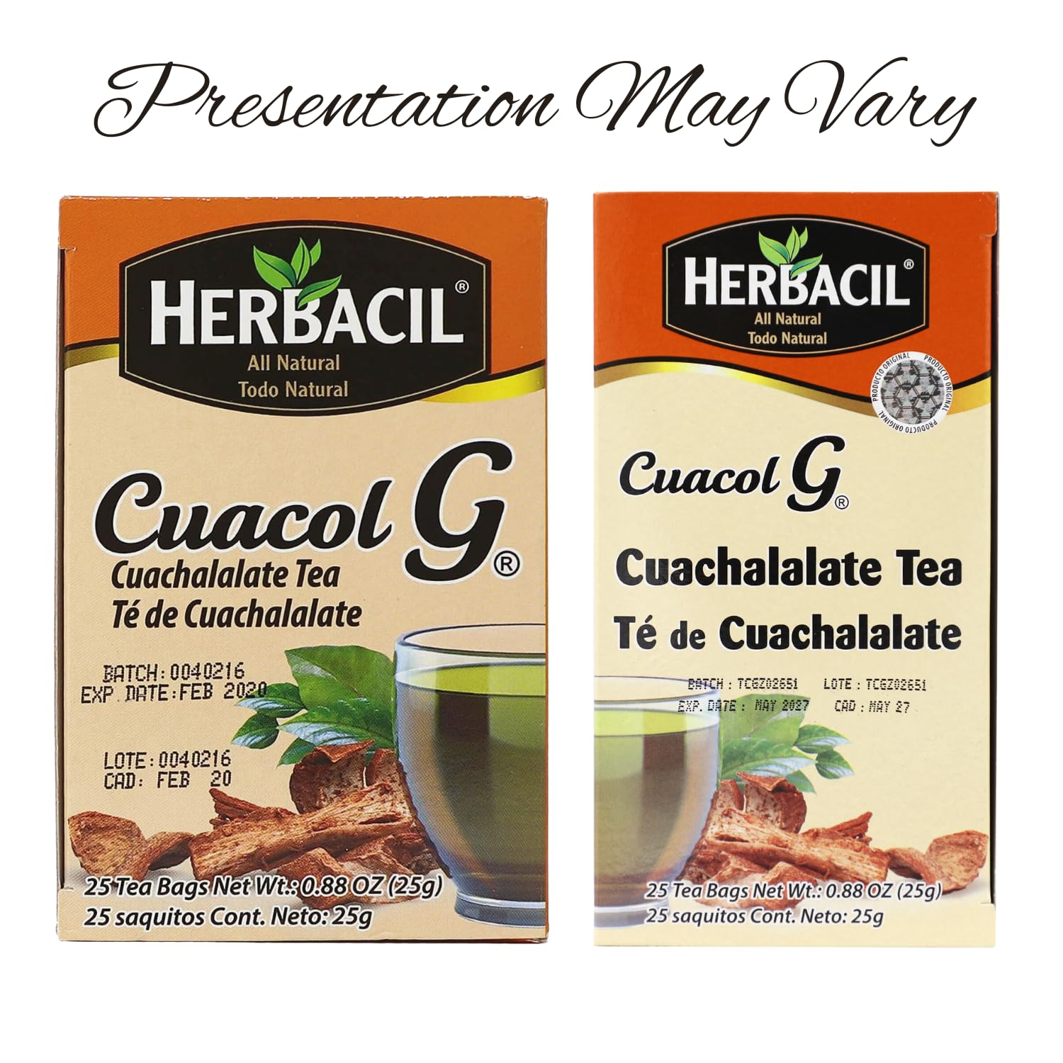 Close-up of Herbacil Cuachalalate tea bags for quick soothing cup.