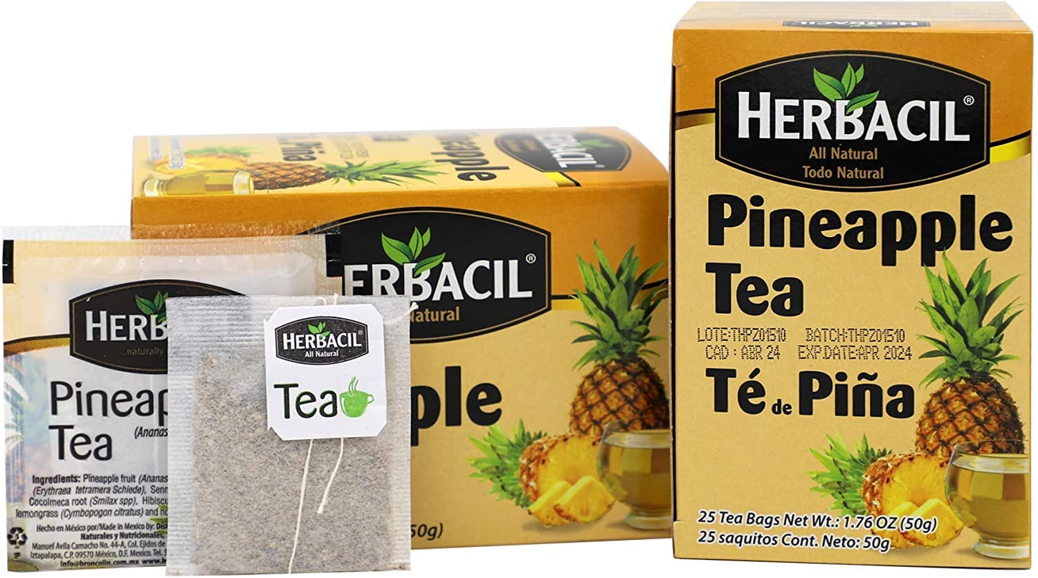 A Herbacil Pineapple Tea bag steeping in hot water for flavor.