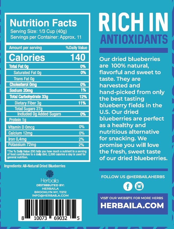 Herbaila unsweetened blueberries ready as a healthy snack.