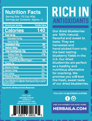 Herbaila unsweetened blueberries ready as a healthy snack.