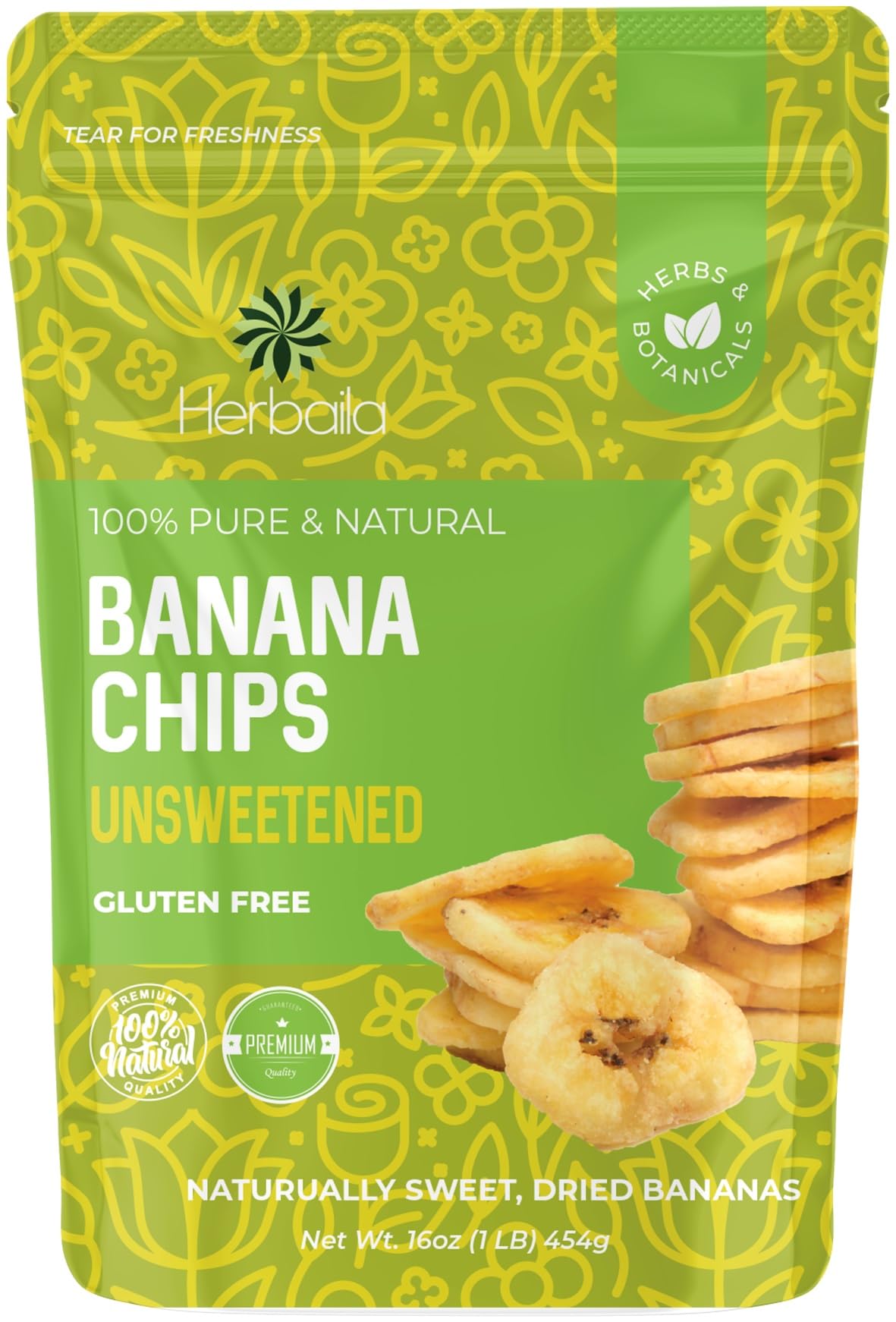 Herbaila dried banana chips unsweetened bulk 1lb, naturally tasty and fiber-rich.