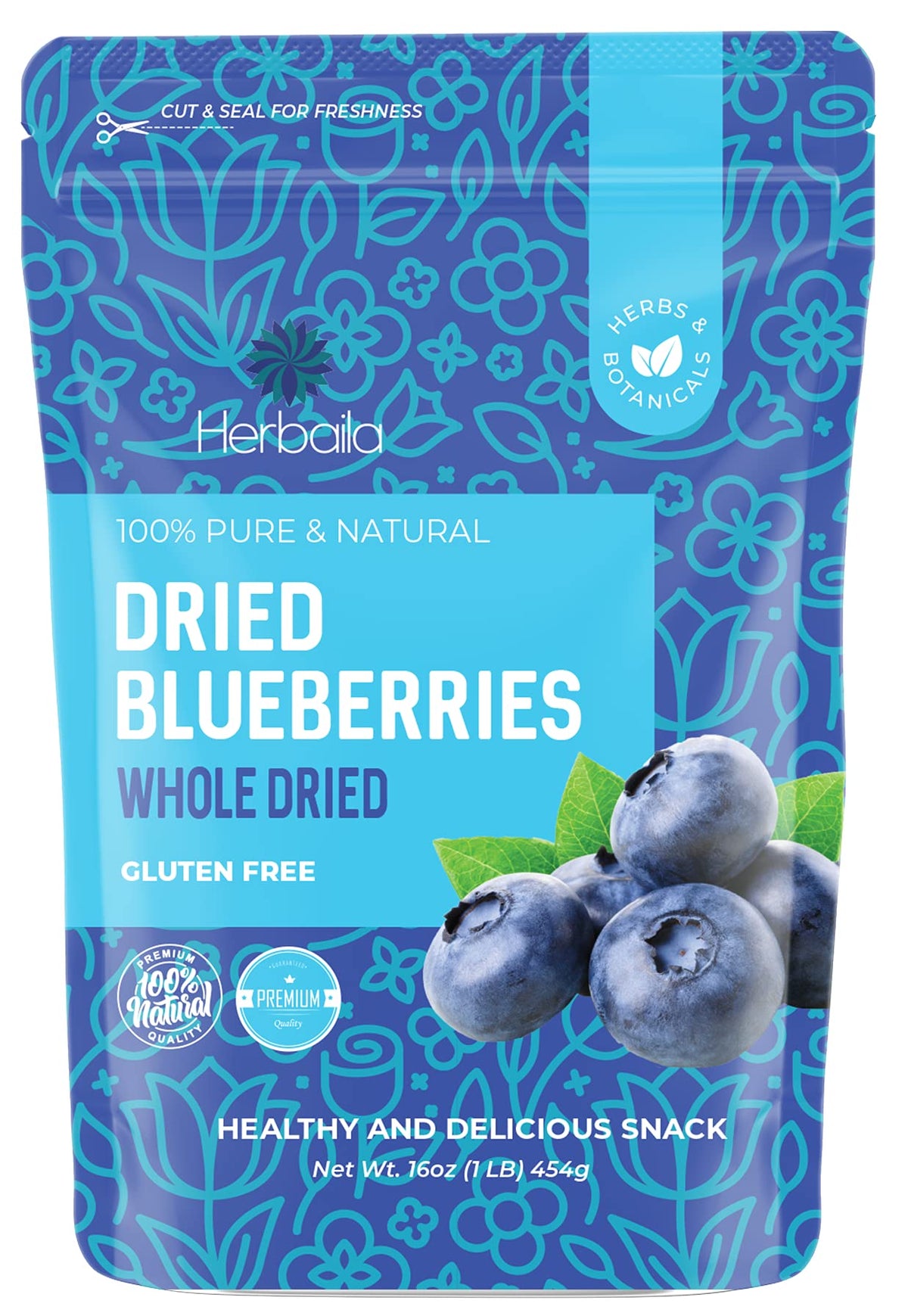 Herbaila dried blueberries bag close-up, showcasing unsweetened flavor for snacking.