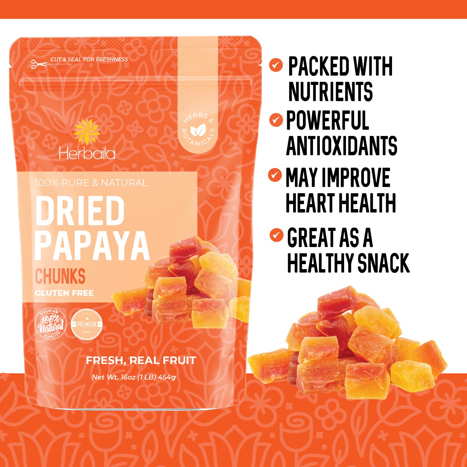 Herbaila dried papaya chunks baking uses for breads and muffins.