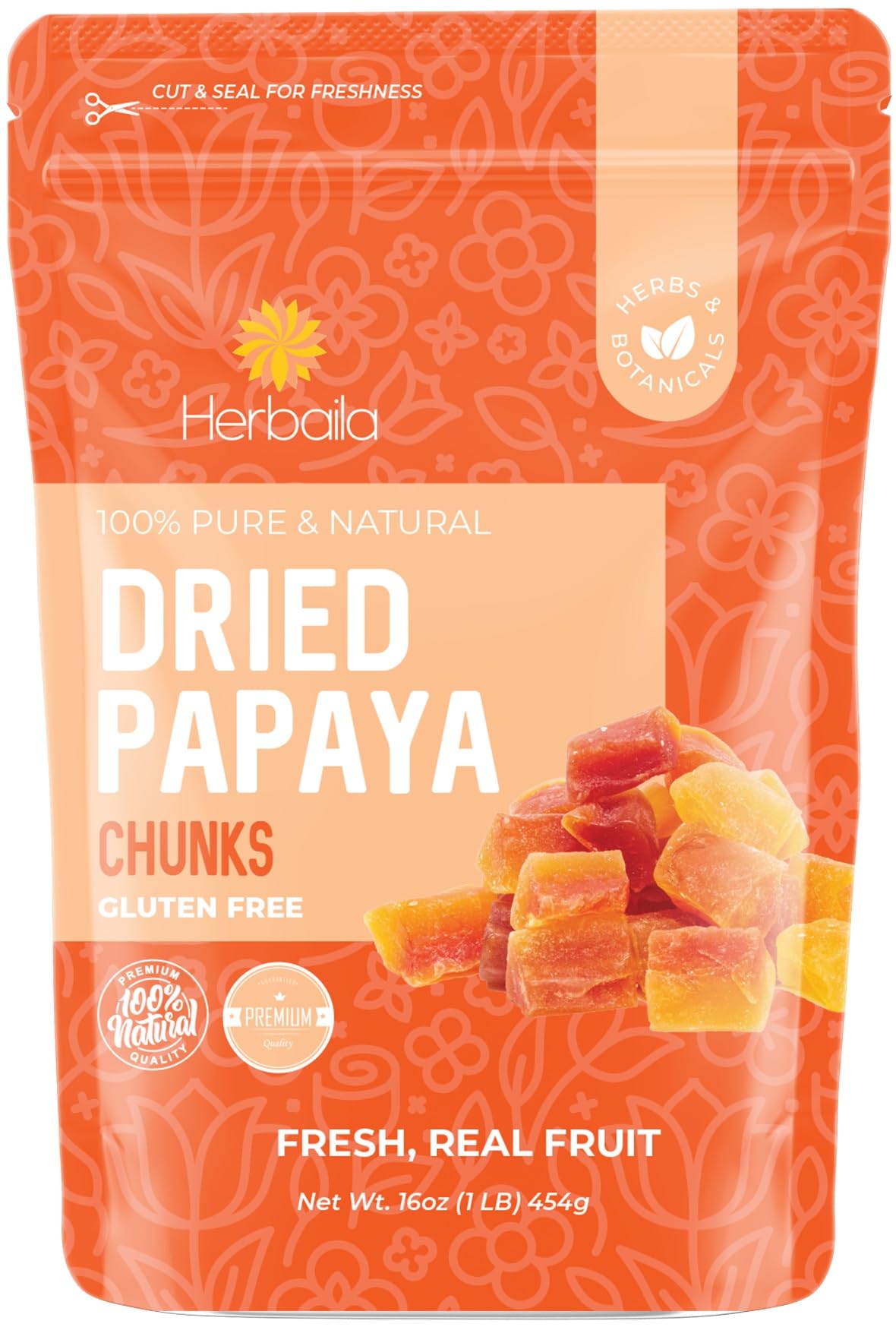 Herbaila dried papaya chunks front packaging highlights all-natural, non-GMO quality for healthy snacking.