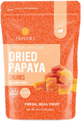 Herbaila dried papaya chunks front packaging highlights all-natural, non-GMO quality for healthy snacking.