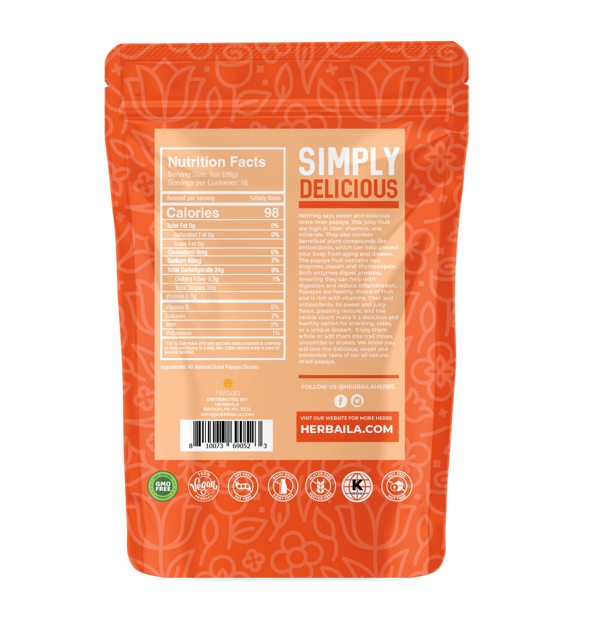 Herbaila dried papaya chunks nutrition label highlights vitamins and minerals.