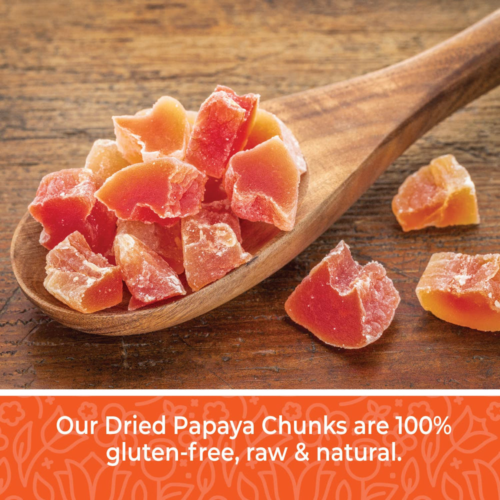 Herbaila dried papaya chunks in a bowl with yogurt or cereal.