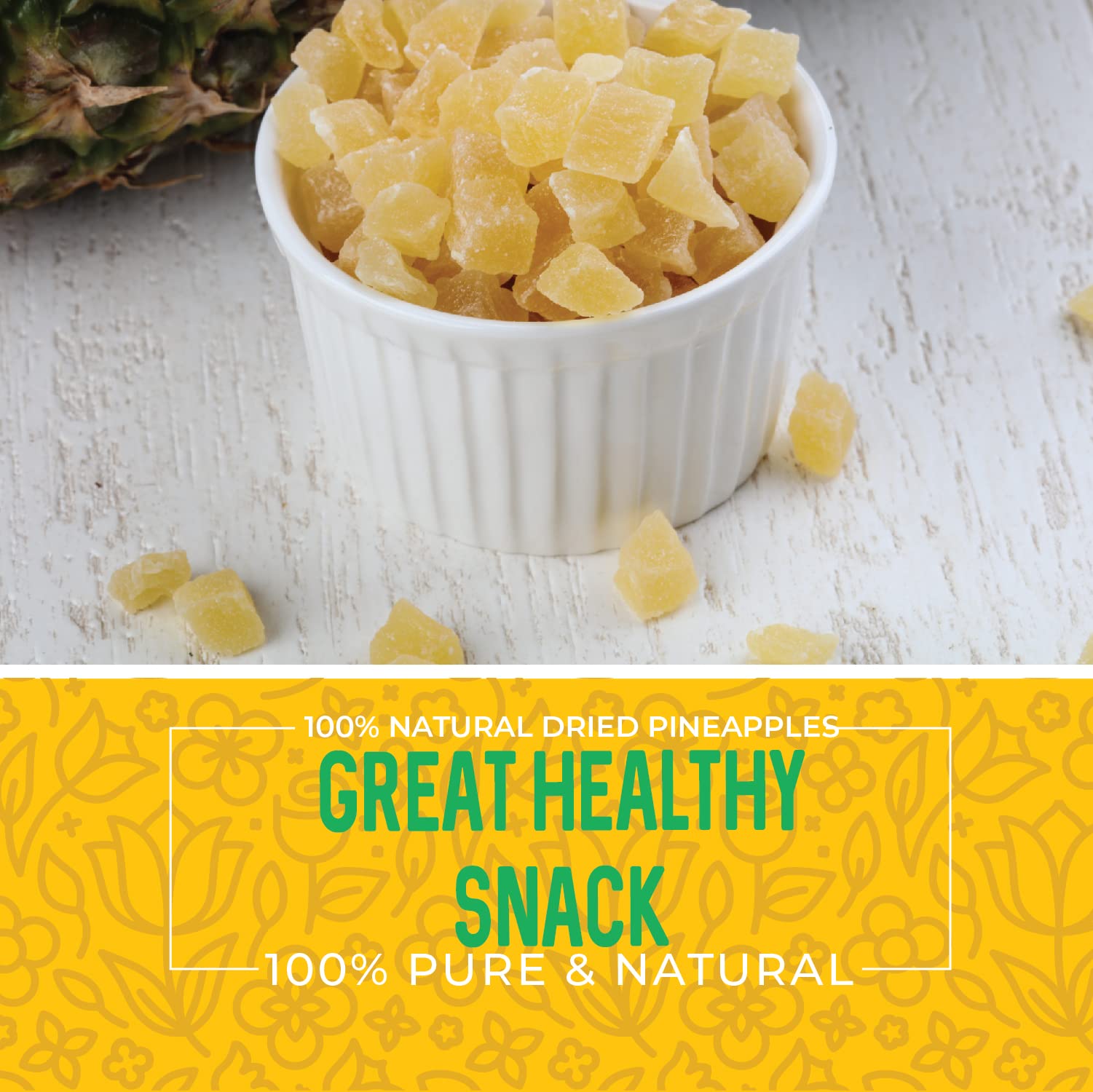 Herbaila dried pineapple chunks as a chewy snack in a lunchbox.