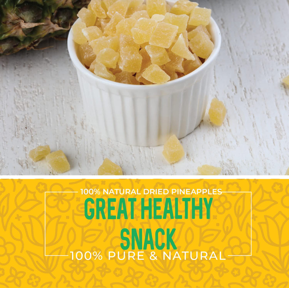 Herbaila dried pineapple chunks as a chewy snack in a lunchbox.